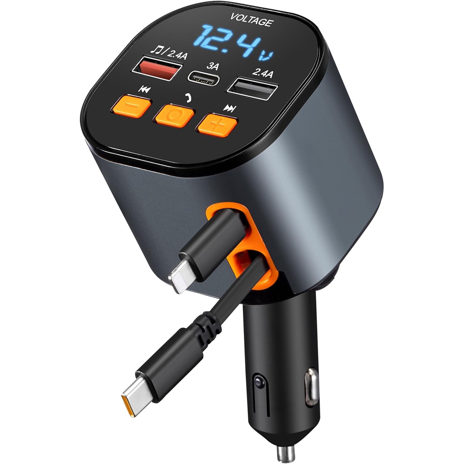 Retractable Car Charger with Bluetooth 5.0 FM Transmitter Adapter, 90W Fast Charging Dual Retractable Cords, Handsfree Call Car Charger for iPhone 16/15/14/13, MP3 Player Support USB Disk