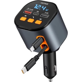 Retractable Car Charger with Bluetooth 5.0 FM Transmitter Adapter, 90W Fast Charging Dual Retractable Cords, Handsfree Call Car Charger for iPhone 16/15/14/13, MP3 Player Support USB Disk