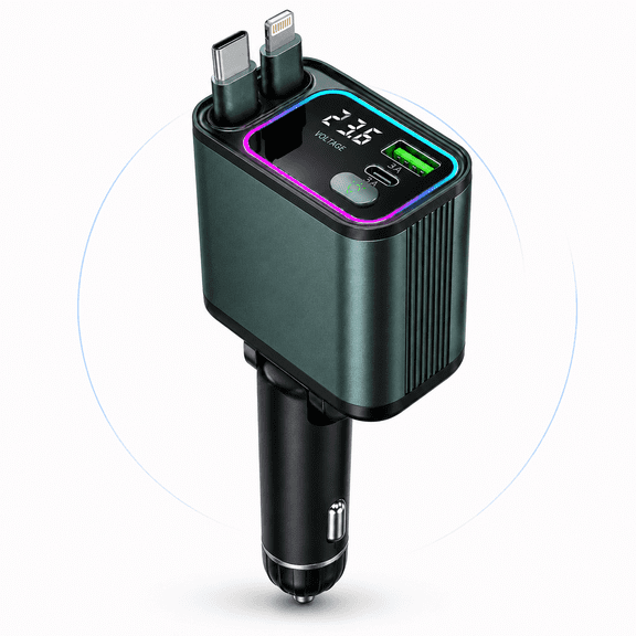ABSOKE Retractable Car Charger, 4 in 1 65W Fast Charging Car Charger with USB-C & USB-A, Dual Retractable Cables, Voltage Display, for Most Smartphones, Tablets & GPS