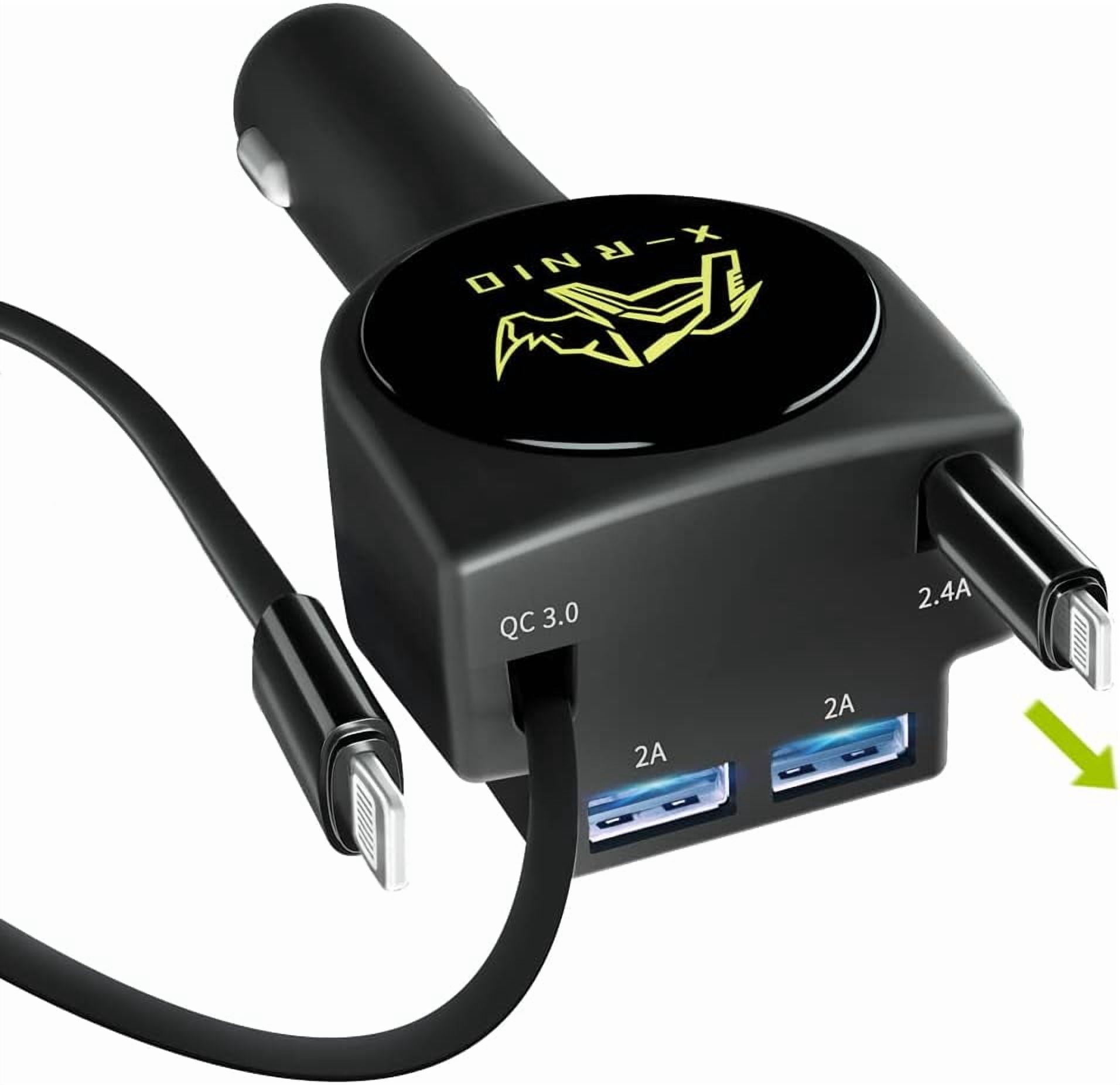 Retractable Car Charger Compatible with iPhone Cell Phone, Fast Charge 2.4A 44W, Retractable Cables (3Ft) and 2 USB Ports Car Charger Adapter, FHDFHD Charger
