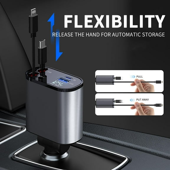 Retractable Car Charger with Digital Display, Super Fast 100W Charging, 3-in-1 Lighter and Line, Dual USB for Multiple Devices, Compact and Efficient Car Charging Solution