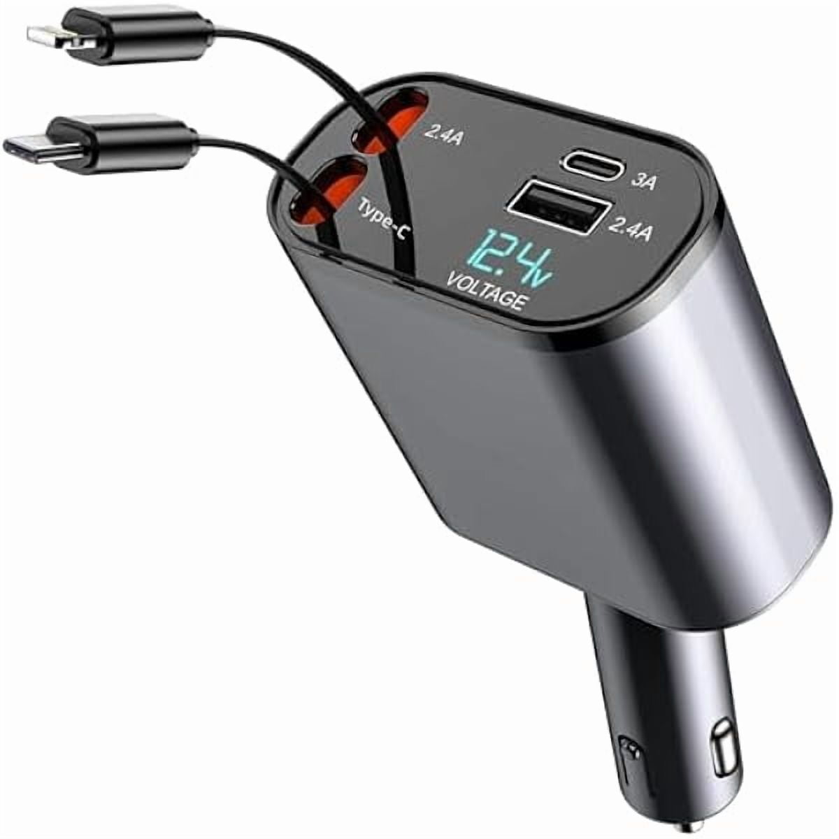 Retractable Car Charger,Type C Fast Car Phone Charger with 120W Power, 2 USB Ports, and Retractable Cables,Compatible with iPhone Models 16/15/14/13/12/11/iPad and Galaxy Models S23/S22/S10.