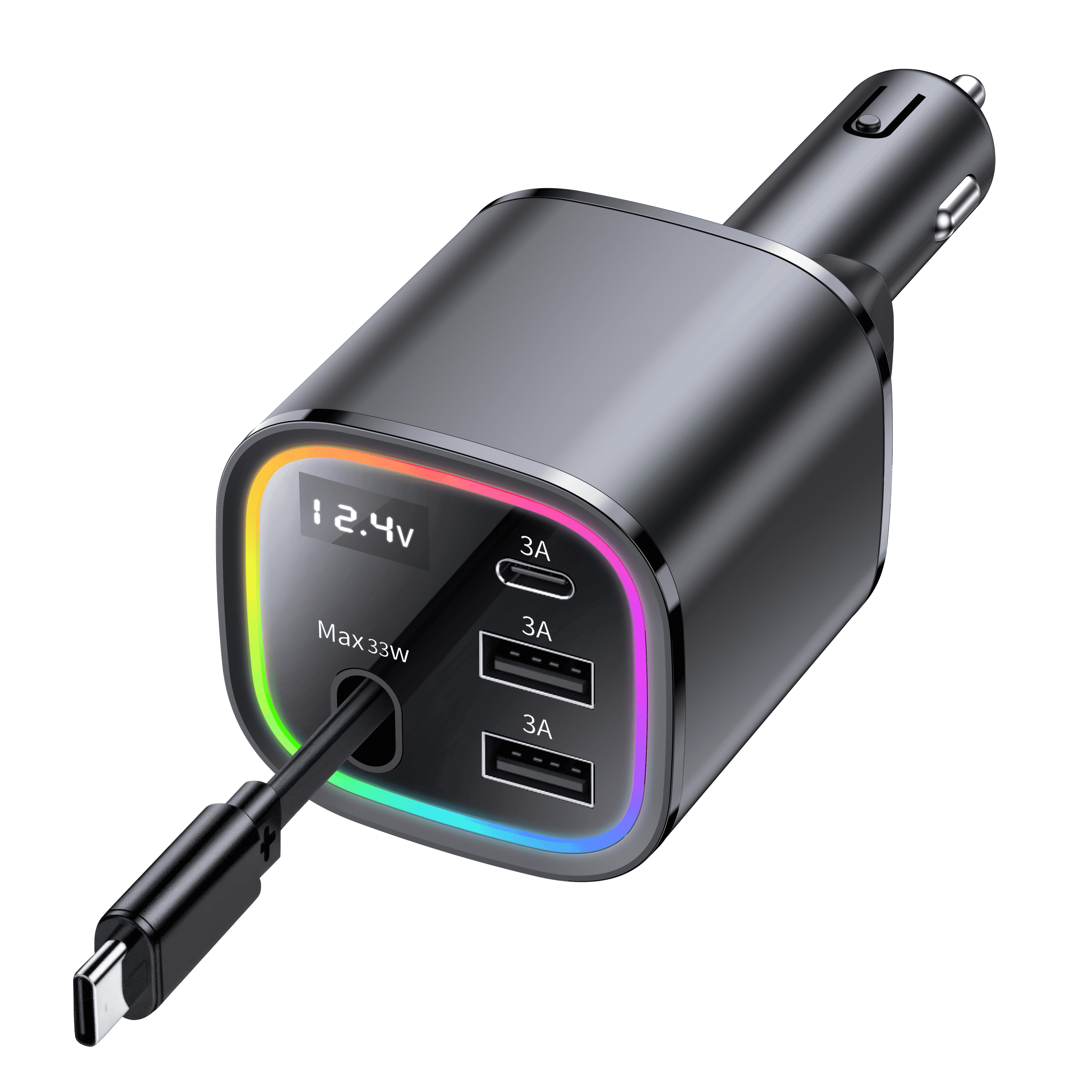 Fast Car Charger Adapter, 4 in 1 charging, UL Safety Certification, Type-C, Lightning Charging Plug, USB C & USB A Ports