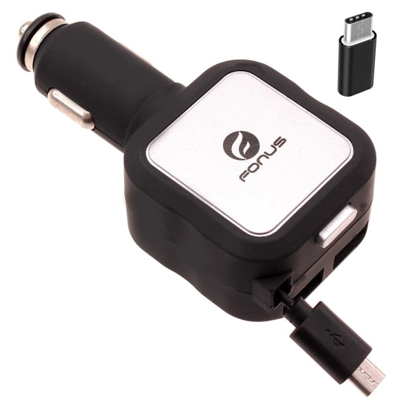 Retractable Car Charger for Samsung Galaxy Z Fold5/Fold4/Flip5/Flip4 - 4.8Amp 2-Port USB USB-C Adapter DC Socket Power Adapter Plug-in