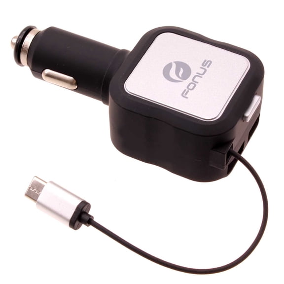 Retractable Car Charger for iPhone 15/Pro/Max/Plus - 4.8Amp Type-C 2-Port USB Fast Charge DC