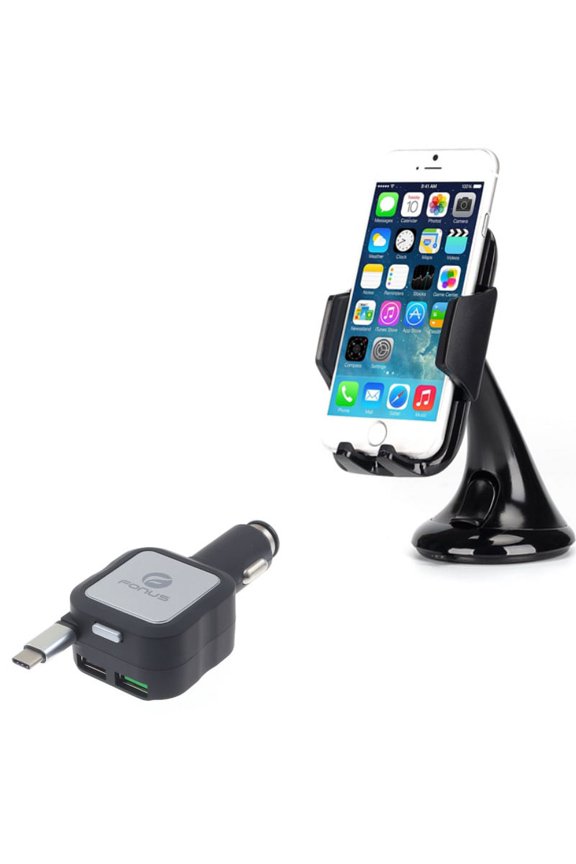 Retractable Car Charger w Dash Mount Holder J2V for Acer Liquid Jade Primo - Alcatel PulseMix, 7, Idol 5S 5 4S - ASUS Zenfone V Live, ROG Phone, AR 6 5z 4 Pro - Blackberry Motion, Key2, KEYone