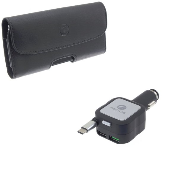 Retractable Car Charger w Leather Case Belt Clip for Google Pixel 5a 5G/4a 5G Phones - 4.8Amp Type-C, Holster Cover Q7R Compatible With Pixel 5a 5G/4a 5G Models