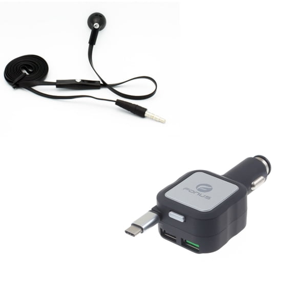 Retractable Car Charger w Wired Earphone Mono Headset P5W for Microsoft Surface Go (10"), Lumia 950 - Motorola One, Moto Z4 Z2 Play X4 G7 Power Play G6 - Nokia 7.1, 8, 3.1 Plus - OnePlus 5T, 6