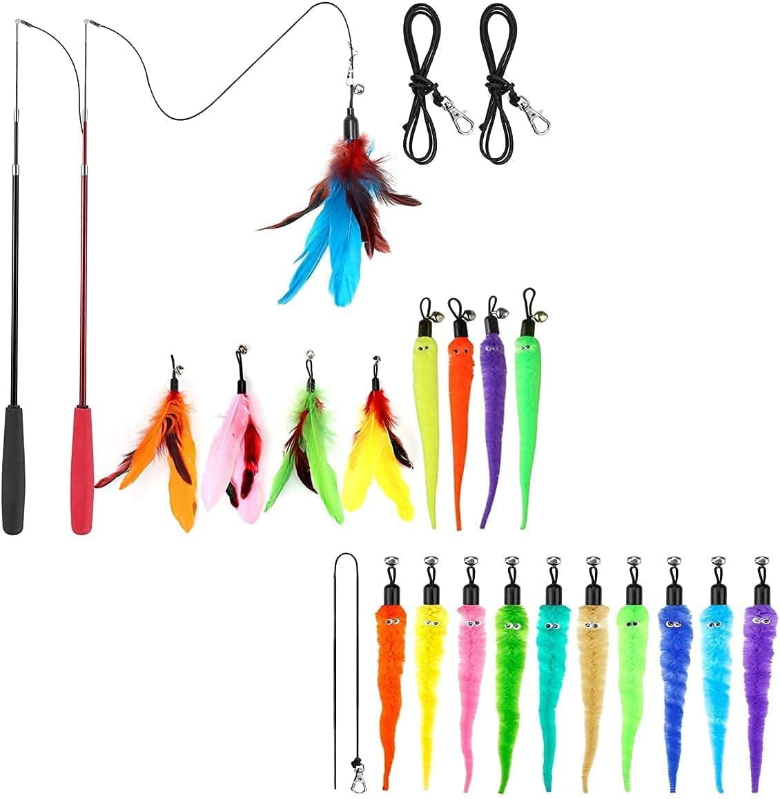 Retractable Cat Feather Wand Toys Pack and 10PCS Squiggly Worm Replacement Refills, Interactive Cat Toys for Indoor Cats Kitten Playing Chase and Exercise Playing, Total 24PCS