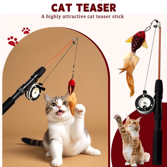 Retractable Cat Fishing Pole Toy with Silver Vine Fish Lure, Interactive Telescoping Wand with Functional Reel, Heavy Duty Carbon Fiber Pattern Teaser for Indoor Cats