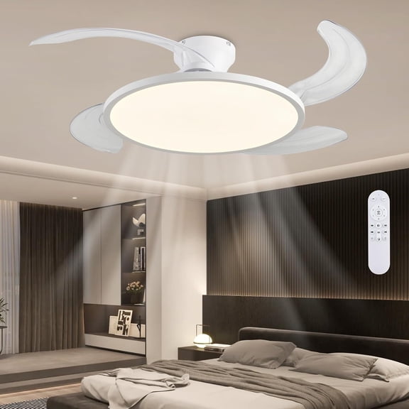Retractable Ceiling Fan with Lights,42 Inch Low Profile Remote Control,Retractable Blades,Dimmable Full Spectrum,Modern Fandelier for Bedroom Living Room Dinning Room,White