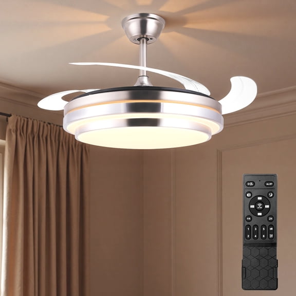 Retractable Ceiling Fan with Lights and Remote,42 Inch Fandelier Ceiling Fan with Light, 6 Speed Dimmable Reversible Memory, Modern Silent Smart Fan for Bedroom Living Room