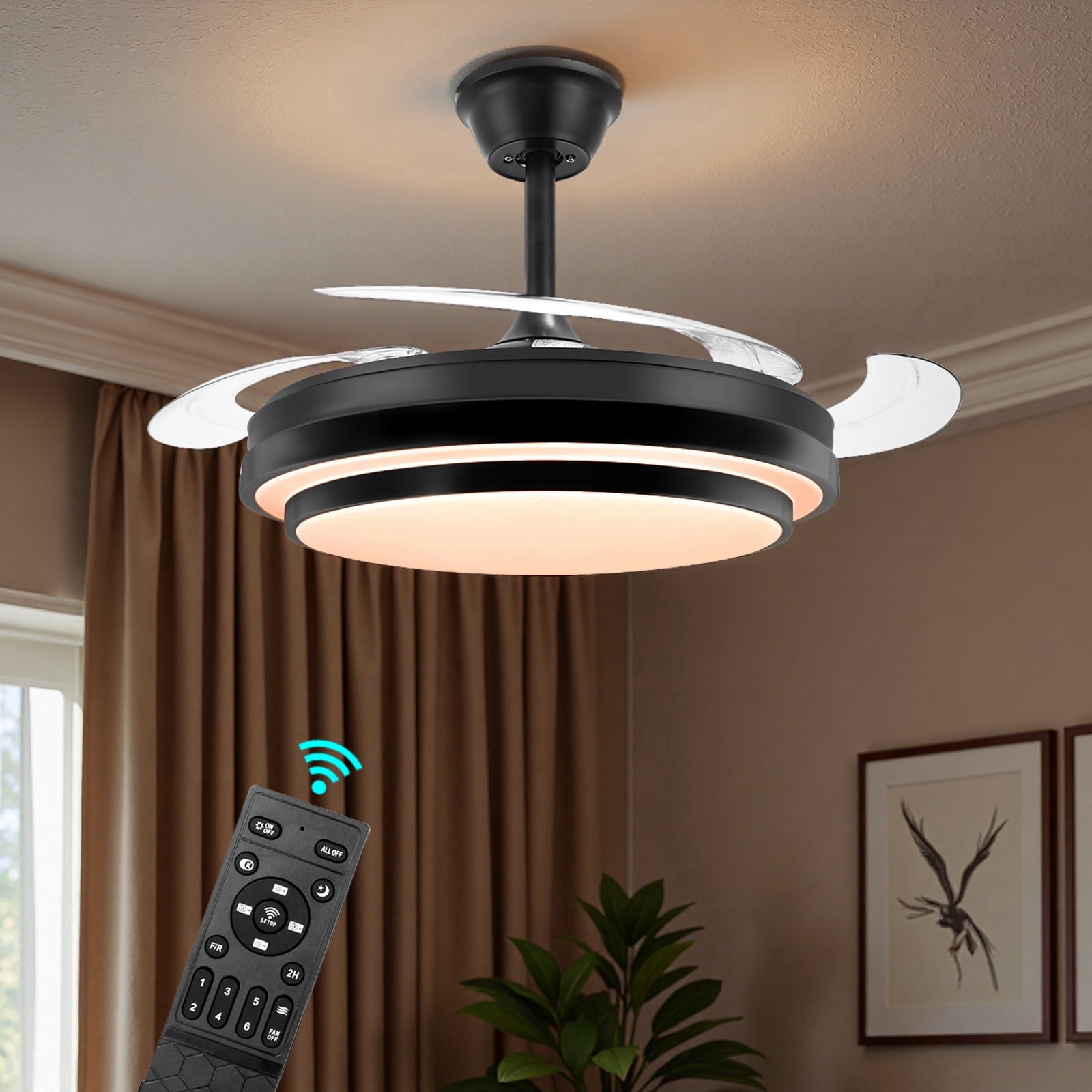 XYJBHB 42-Inch Retractable Ceiling Fan with Light and Remote, 6-Speed Dimmable LED Fandelier for Bedroom and Living Room, Black