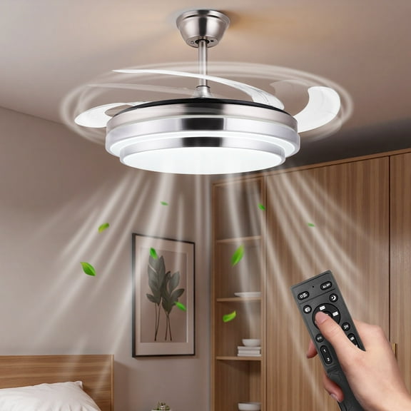Retractable Ceiling Fan with Lights and Remote,42 Inch Fandelier Ceiling Fan with Light, 6 Speed Dimmable Reversible Memory, Modern Silent Smart Fan for Bedroom Living Room