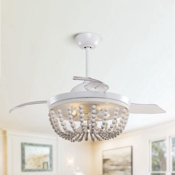 Boho Retractable Ceiling Fan with Light and Remote Control 3 Blades 42 inch, White