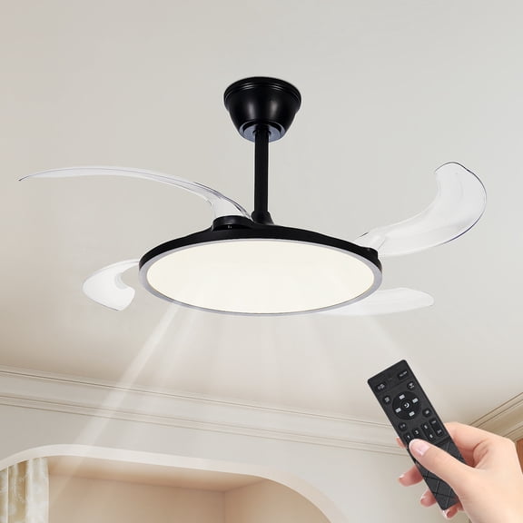 Retractable Ceiling Fans with Lights, 42" Fixture with Remote Control (Flush Mount, DC Reversible, 3CCT, Low Noise) for Bedroom/Living Room/Kitchen (Indoor Use, White)