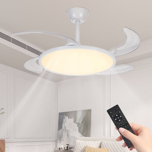 Retractable Ceiling Fans with Lights,42 inch Ceiling Fan with Light and Remote Control,Flush Mount,DC Reversible,3CCT,Low Noise,White Ceiling Fan for Bedroom,Living Room,Kitchen,Indoor