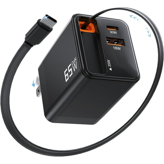 Retractable Charger, Type C Charger Fast Charging, 65W Retractable USB C Charger with Type-C Cable and QC18W PD30W Port, PD PPS Fast Charging Block with Foldable Plug Travel Essentials