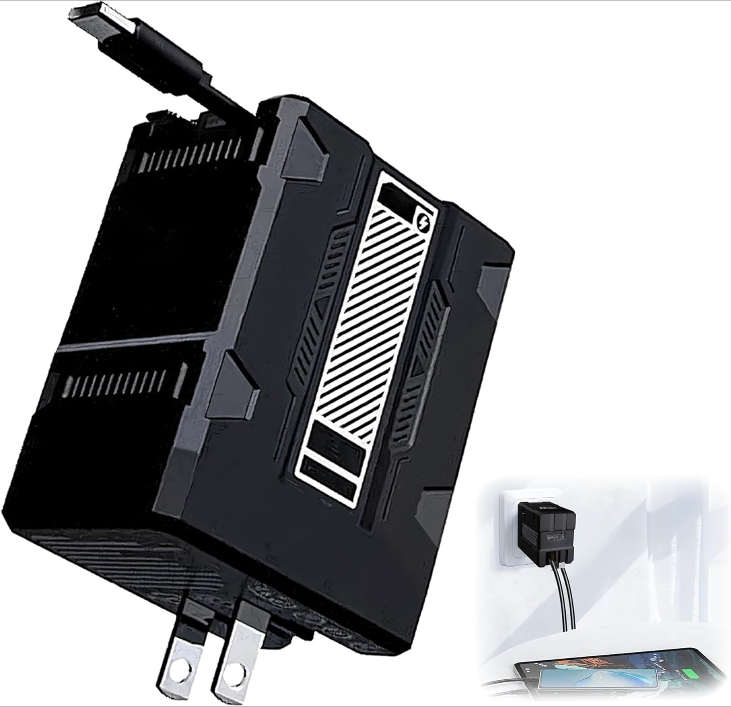 Retractable Charger with Cables,22.5W Dual Built-in Cable Fast Wall Charger, Foldable Plug for iPhone, Android, Tablets - Home, Office & Travel