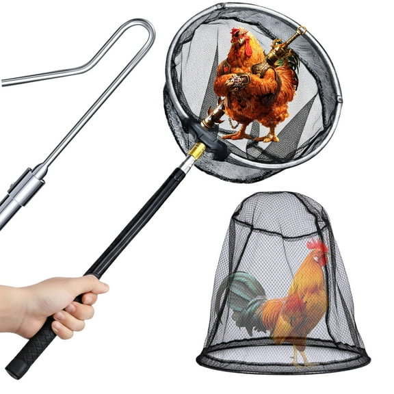 Retractable Chicken Catching Net with Leg Hook, Stainless Steel, Adjustable 16" to 58.5", Ideal for Catching Chickens, Birds, Cats, and Poultry