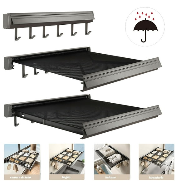 Wall Pull Out Drying Rack with 8 Hooks and Clothes Drying Net, Mesh Foldable Clothes Drying Rack, 17.3 X 15.8 In, Black
