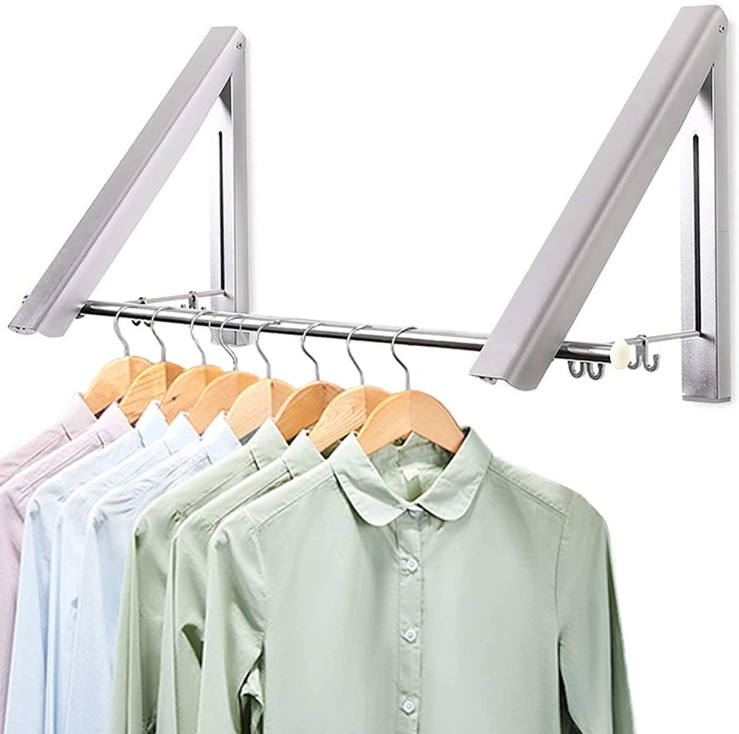 Retractable Clothes Hanger Rack, Wall Mounted Foldable Clothes Hook with Rail, Aluminum Laundry Drying Rack for Balcony, Bedroom, Bathroom, Space-saving 2 Racks with Rod