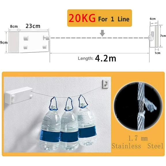 Retractable Clothesline - Double Retractable Clothes Lines for Hanging Clothes Outdoor with 13.8 Ft Steel Wire, Clothing Line/Laundry Line, White