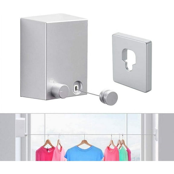 Retractable Clothesline,Indoor Outdoor Clothes Line,Clothes Drying Laundry Line,Wall Mounted Drying Rack Clothing Line,Retracting Hanging,Lock to Prevent Sagging (Silver)