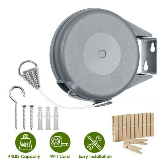 Retractable Clothesline Outdoor - 49ft Heavy Duty Laundry Line - Portable Washing Line for Indoor/Outdoor Use - Wall Mount Clothes Dryer Line with Pins