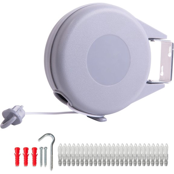 Retractable Clothesline Outdoor Indoor Laundry Line - 49 FT / 15M Single Lines Heavy Duty Wall Mounted Washing Line, Grey Portable Clothes Drying Line with 24pcs Free Pegs