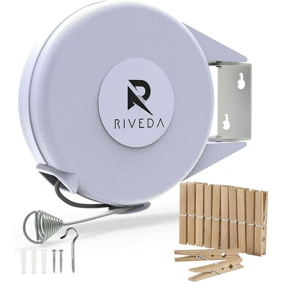 RIVEDA Retractable Clothesline with 12 Wooden Clothespins – 40 Feet PVC Clothesline Rope with Heavy Duty Wall Mount – Perfect Portable Laundry Line for Indoor & Outdoor Use