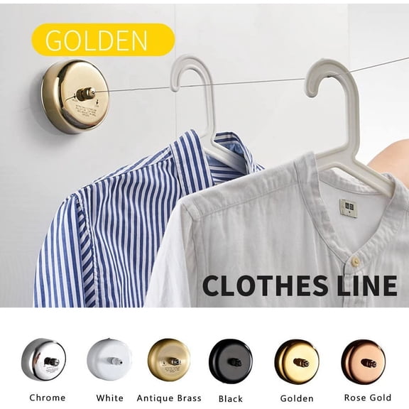 Retractable Clothesline SUS304 Stainless Steel Clothes Dryer with Adjustable Stainless Steel Rope String Hotel Style Heavy Duty, 9.2 Feets, Golden Finish, Round Style