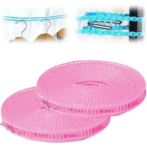 Retractable Clothesline (Travel Line, Drying Rope), 3 Meters Pink, Windproof Clothesline, Grid Design, Holds Heavy Loads, With Stainless Hooks, For Travel & Home, Meiiso
