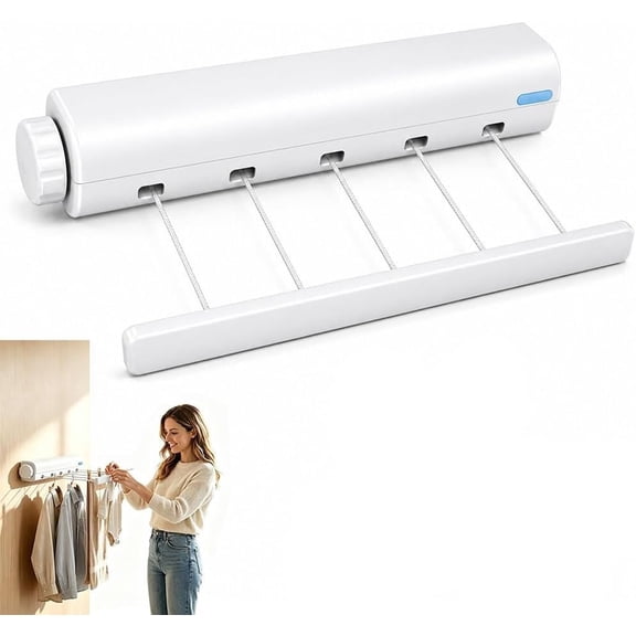 Retractable Clothesline Wall Mounted Drying Rack, 5-Line Laundry Drying Line with Spring-Assisted Retraction & Secure Lock for Bathroom, Balcony, Laundry Room