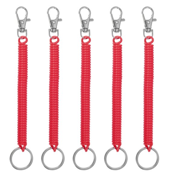 Retractable Coil Spring Keychain with Lobster Clasp Keyring 17cm Deep Red 5 Pcs