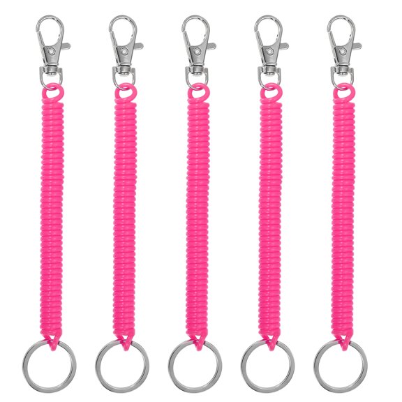 Retractable Coil Spring Keychain with Lobster Clasp Keyring 17cm Rose Red 5 Pcs
