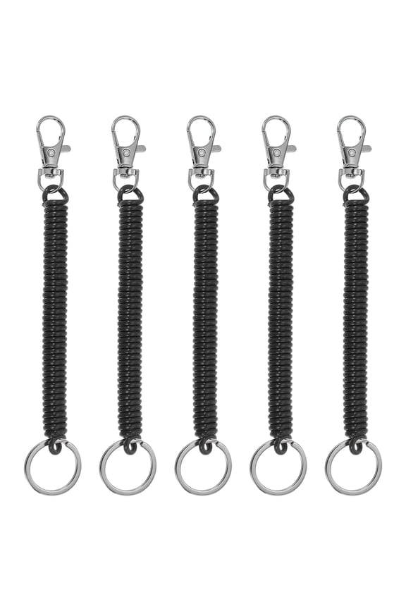 Retractable Coil Springs Keychain with Metal Lobster Clasp Keyring 12cm for Keys Wallet, Black 5 Pack