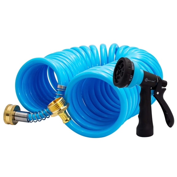 Retractable Coiled Garden Hose with Multi-Pattern Spray Nozzle