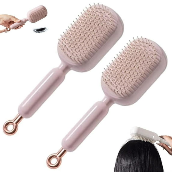 Retractable Cushion Massage Brush, Self Cleaning Air Cushion Comb with Retractable Bristles, Easy Clean Anti Static Hair Brush for All Hair Types, Portable Detangling Comb for Home and Travel(Pink*2)