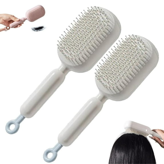Retractable Cushion Massage BrushSelf Cleaning Air Cushion Comb with Retractable Bristles, Easy Clean Anti Static Hair Brush for All Hair Types, Portable Detangling Comb for Home and Travel(White*2)
