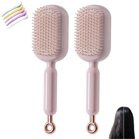 Retractable Cushion Massage Comb Brush, Anti Static Self Cleaning Hair Brush for Women Men All Types Home Travel Office School(2PCS Pink)