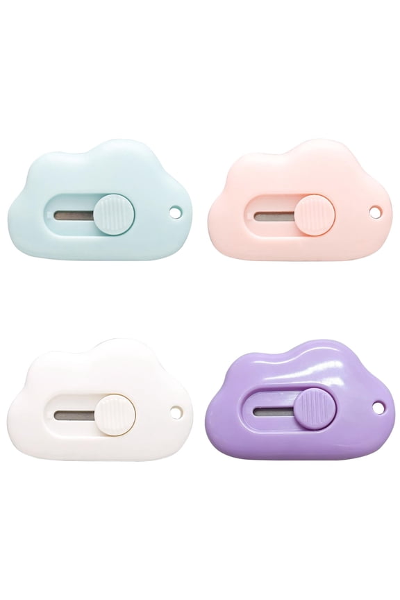 Retractable Cute Cloud Shaped Letter Opener, Small Portable Keychain Tool for Cutting Envelopes, Pocket Size, Set of 4