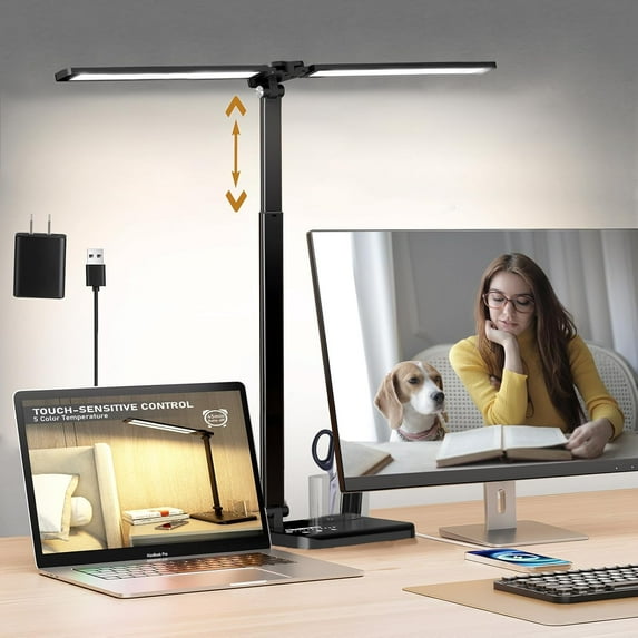 Retractable Dimmable Desk Lamp with Port, 50 Lighting Modes Dual Swing ...