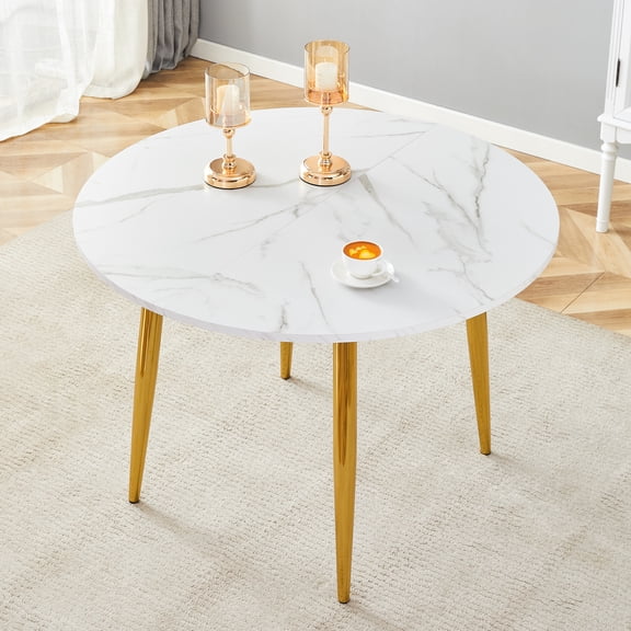 Retractable Dining Table with White Pattern MDF Table Top and Gold Metal Legs, Smooth Delicate Surface, Modern Home Sleek Silhouette