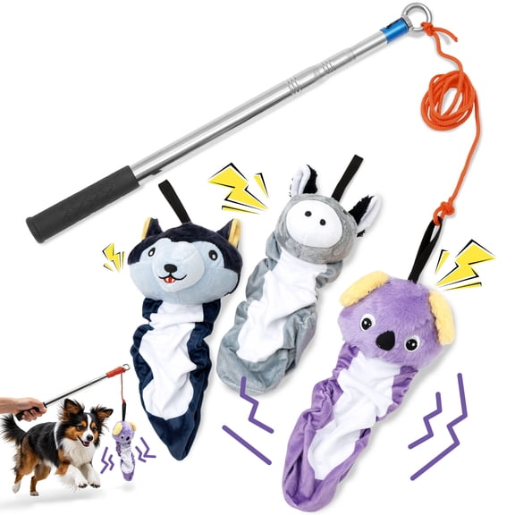 Retractable Dog Flirt Pole Set with 3 No Stuffing Plush Toys Multi Sensory Tough Toy Interactive Teaser Wand with Rope for Medium Small Dogs Outdoor Play Training