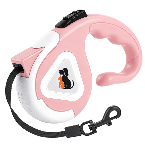 Retractable Dog Leash 16.4 Ft Heavy Duty With Strong Nylon Tape One Click Brake Lock Non Slip Grip For Small Medium Dogs Up To 55 Lbs, Pink