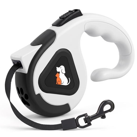 Retractable Dog Leash 16.4 Ft Heavy Duty With Strong Nylon Tape One Click Brake Lock Non Slip Grip For Small Medium Dogs Up To 55 Lbs, White
