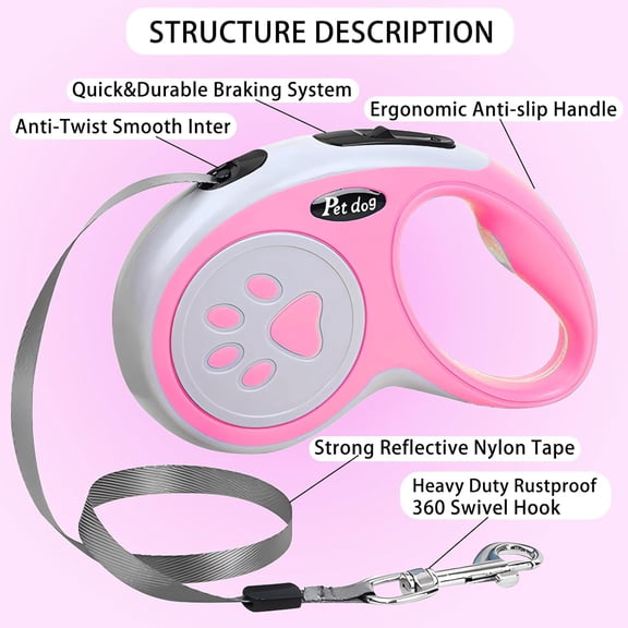 Retractable Dog Leash, 16.5FT Reflective Nylon Tape, Pink, for Small & Medium Dogs Up to 33 Lbs