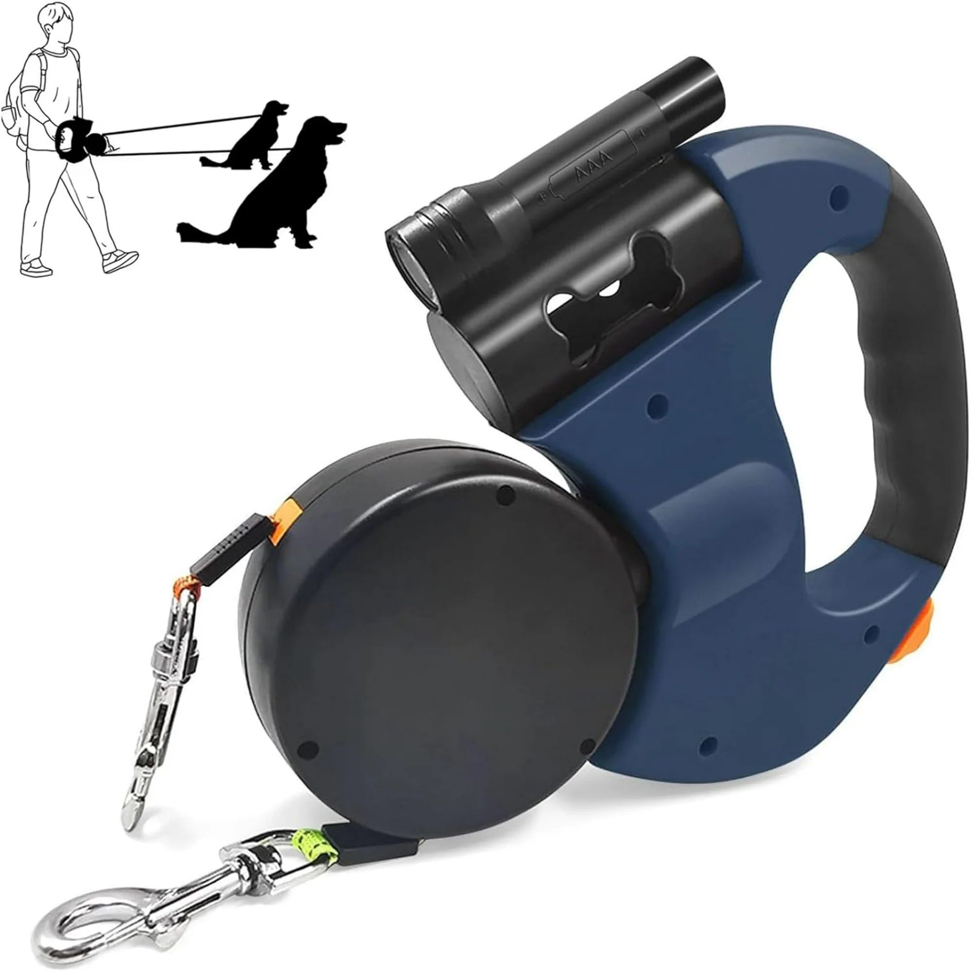 Retractable Dog Leash, 2 Dog Automatic Retractable Traction Rope Pet Walking Leash with LED Flash Light Poop Bag Dispenser for Medium Small Dogs(Black)