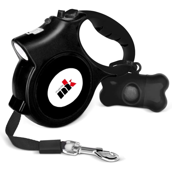 Retractable Dog Leash with LED Light 5m Extendable Dog Lead for Small Medium Puppis up to 25kgs, One-Hand Brake & Lock System, Ergonomic Handle - Black